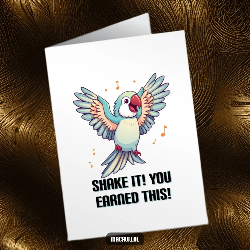 Funny Free Printable Congratulations Card: A happy macaw, wings spread wide, dancing with abandon to celebrate an achievement.