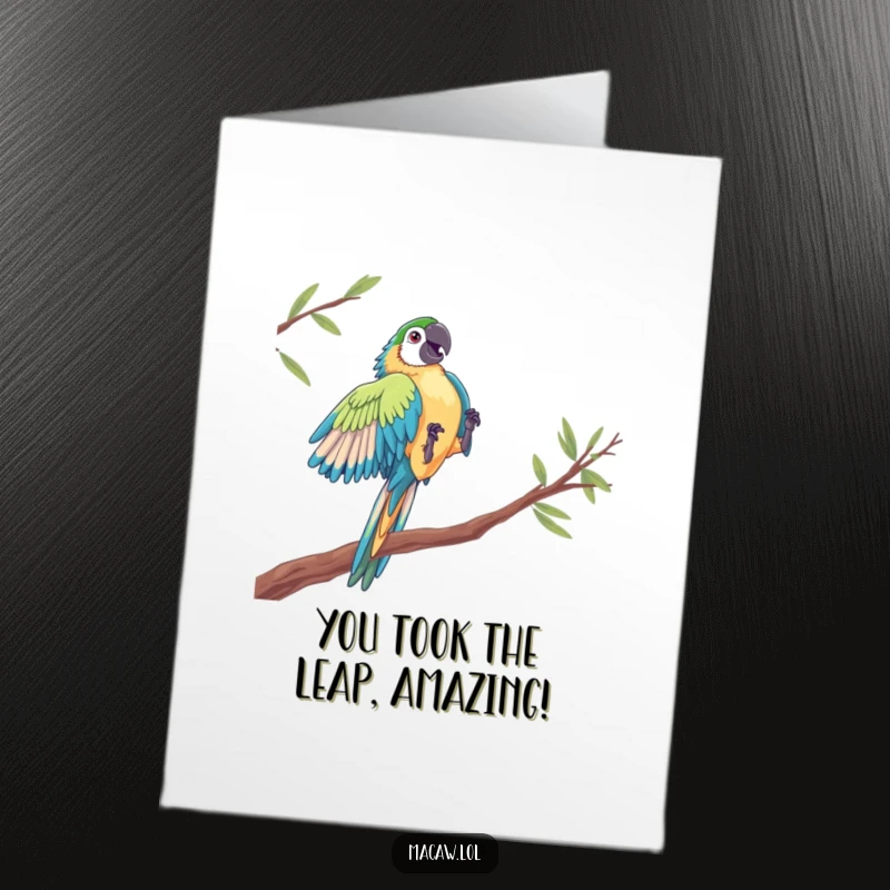 Free Printable Congratulations Card: A macaw performing a spectacular, dramatic leap from one perch to another, signifying achievement.