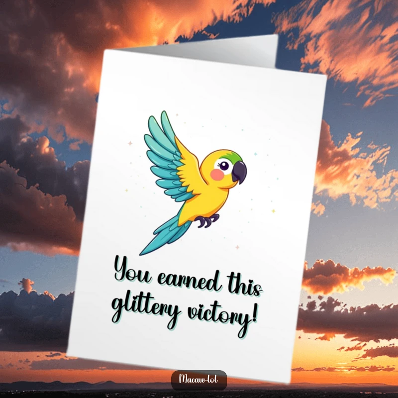 Funny Free Printable Congratulations Card: A colorful macaw caught mid-flight in a spectacular explosion of shiny glitter.