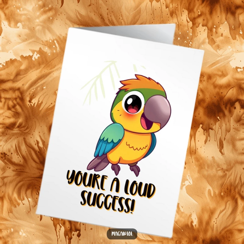 Funny Free Printable Congratulations Card: Vibrantly colored macaw bird with large curious eyes squawking happily.