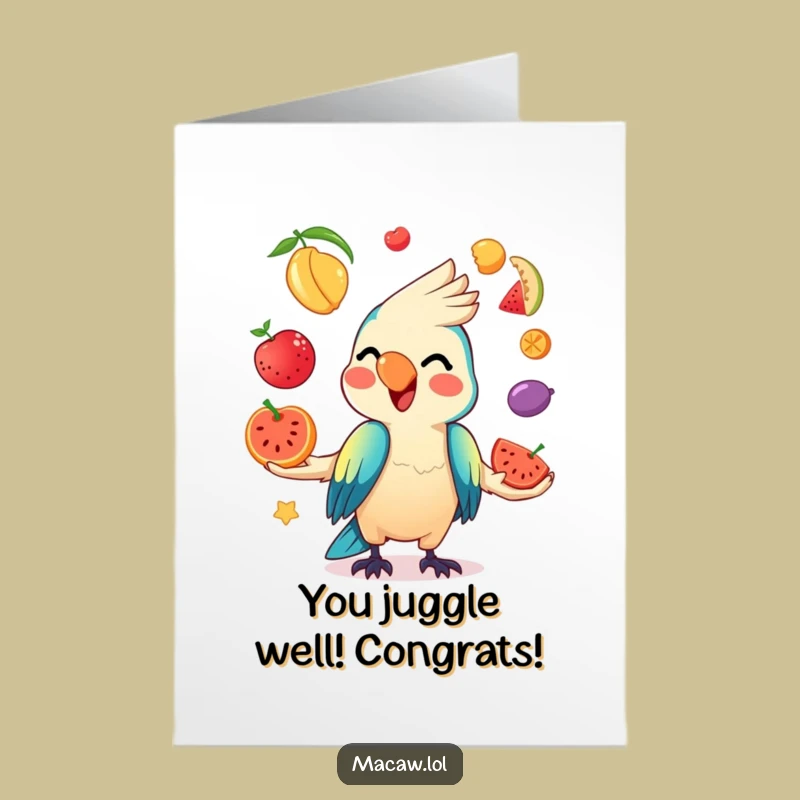 Free Printable Congrats Card: Juggling Macaw Celebration, Downloadable Fun!