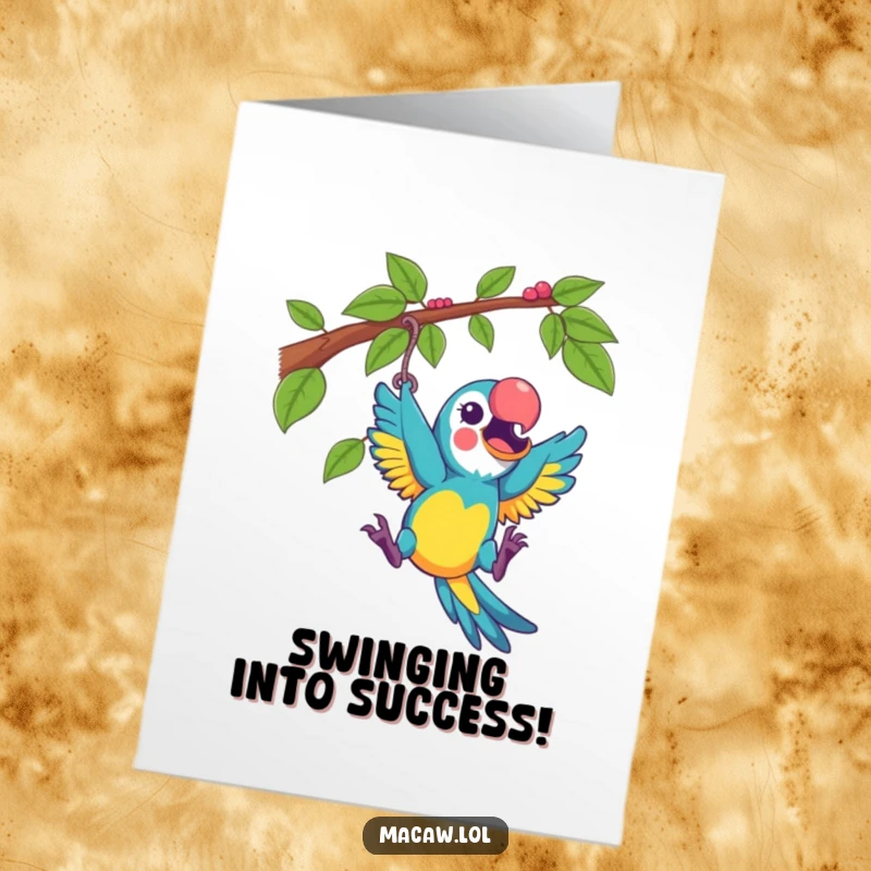 Funny Free Printable Congratulations Card: A macaw swings gleefully from a vine, expressing pure excitement and celebration of an achievement.