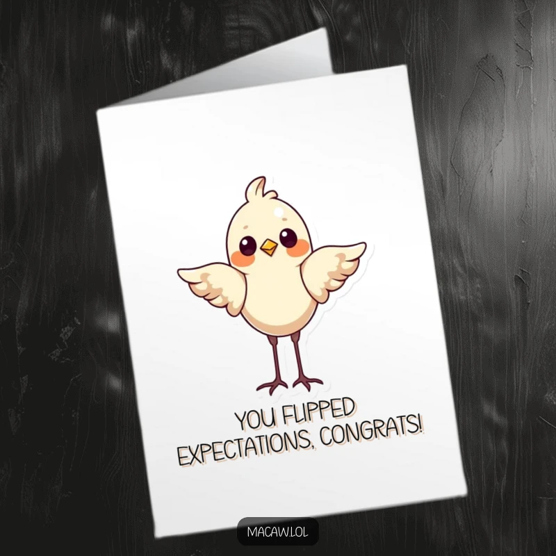 Free Printable Congratulations Card: A proud bird balancing perfectly on its head, wings out for stability, celebrating success.