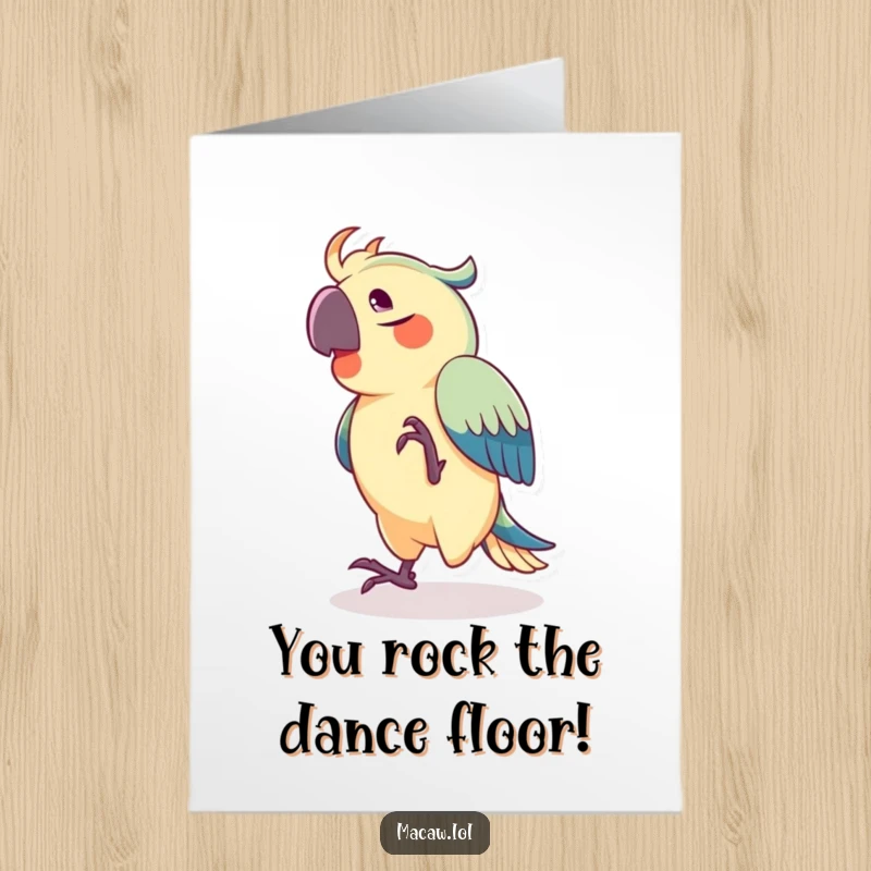Funny Free Printable Congratulations Card: A joyful macaw comically dancing with its foot rhythmically tapping to an unseen, celebratory beat.