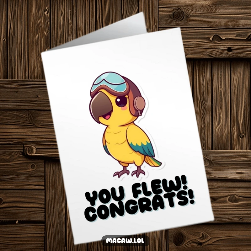Funny Free Printable Macaw Congratulations Card: Small macaw bird in an aviator helmet, looking adventurous and ready to celebrate success.