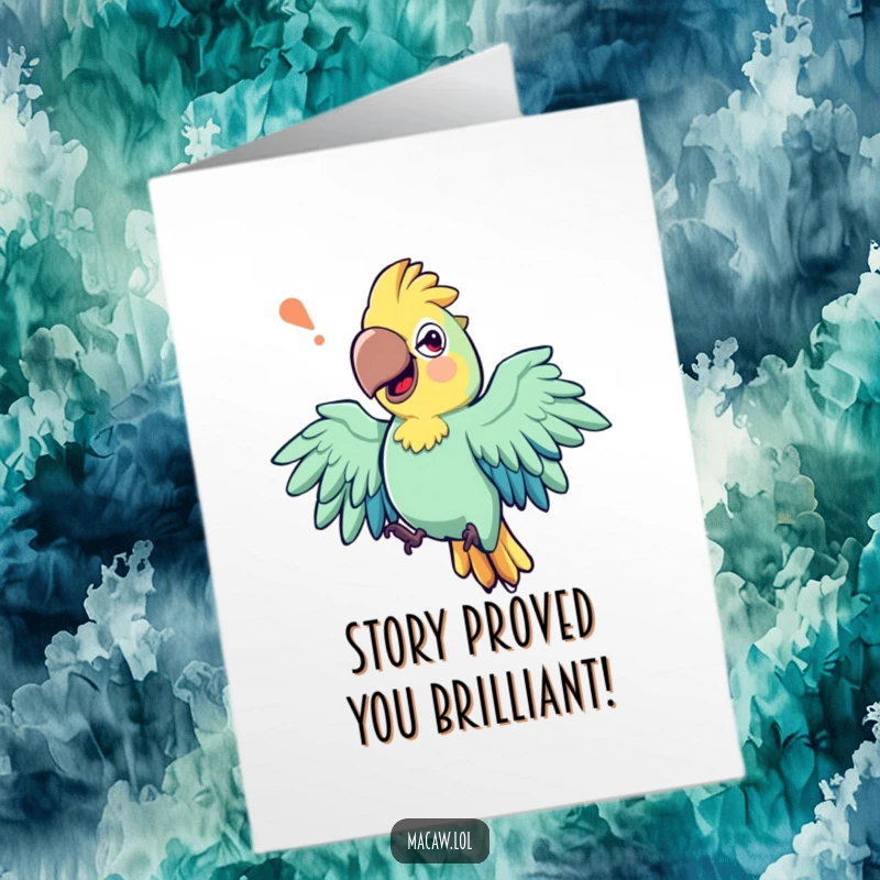 Funny Free Printable Macaw Congratulations Card: Macaw bird with exaggerated wing movements, mid-storytelling, humorously conveying congratulations.