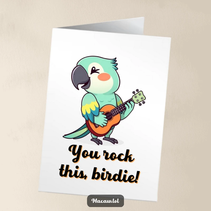Free Printable Congratulations Card: A stylized macaw winks while strumming a tiny ukulele, spreading good vibes and congratulations.