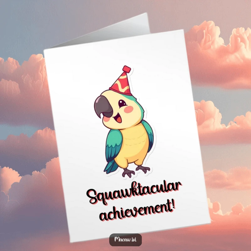 Funny Free Printable Congrats Card: A happy macaw sporting a tiny hat bobs its head with excitement.
