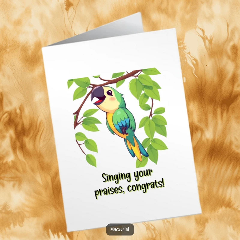 Funny Free Printable macaw congratulations card, a delighted bird swinging on a vine and singing loudly, celebrating success joyfully.