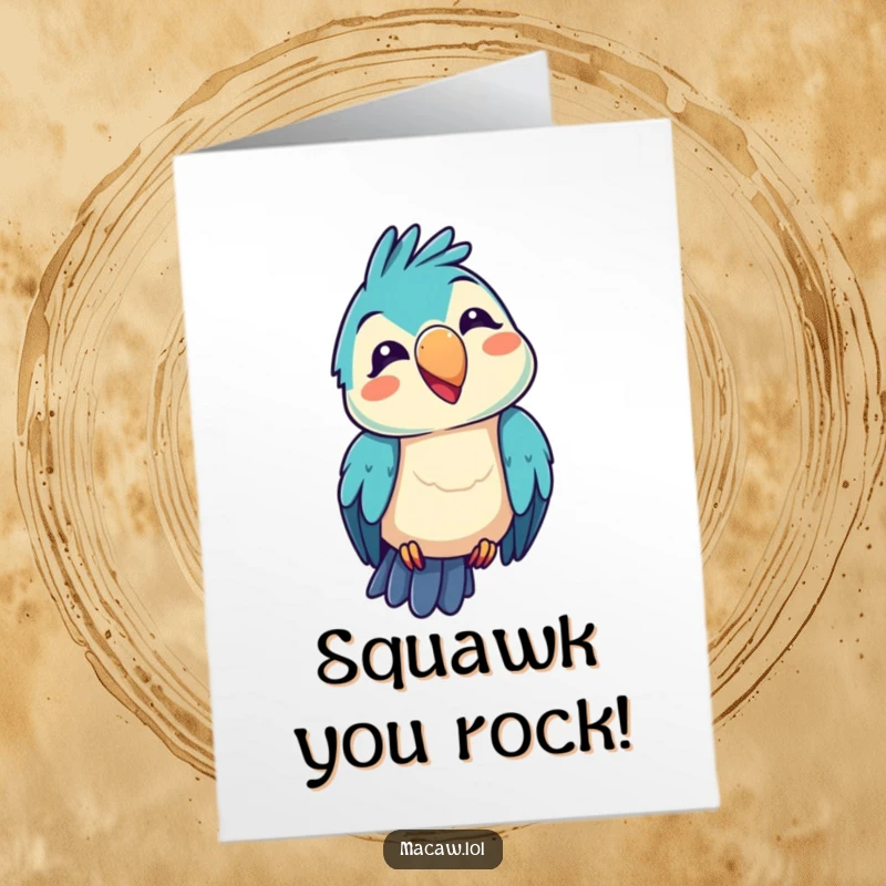 Funny Free Printable Congratulations Card: a kawaii macaw bird with head tilted, making a hilarious squawk expression to cheer.