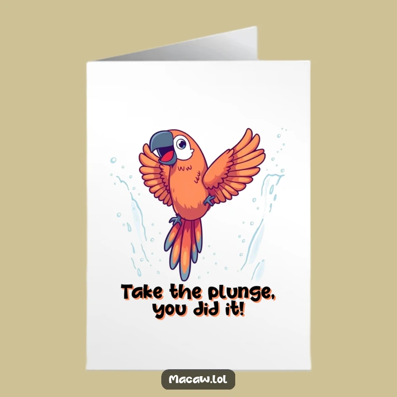 Free Printable Diving Macaw Congratulations Card: Energetic Bird Triumphs Through Mist