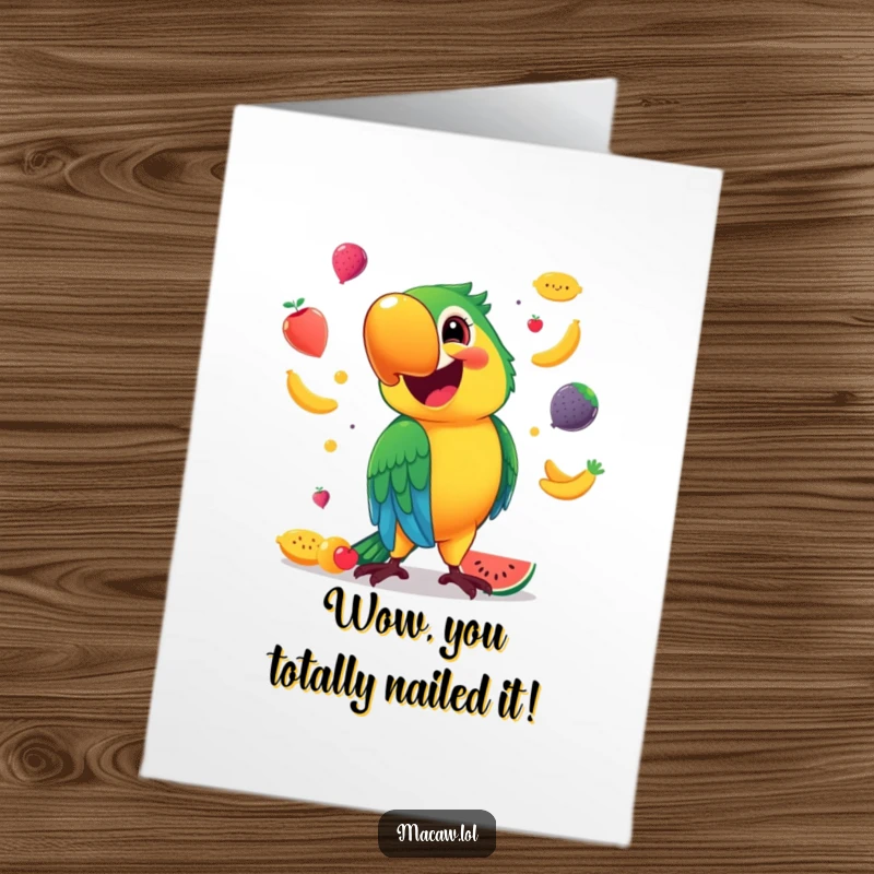 Funny Free Printable Congratulations Card: A smiling macaw juggling fruits with impressive skill, celebrating a big win.