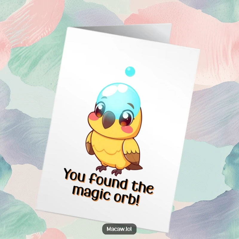 Funny Free Printable Congrats Card: Macaw bird's eyes are wide with shock and awe looking at a glowing orb, celebrating success.