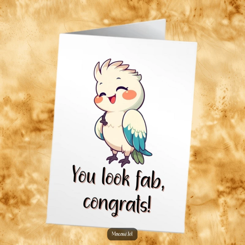 Funny Free Printable Macaw Congratulations Card: A happy macaw preens its bright feathers, looking pleased with its success.