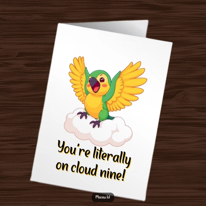 Funny Free Printable Congrats Card: Macaw bird gleefully rides a bouncing cloud, wings spread wide in celebration of an achievement.