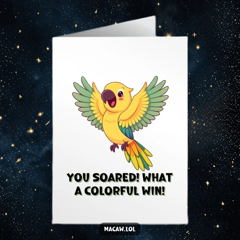 Funny Free Printable Congrats Card: A happy macaw flies, leaving a spectacular rainbow trail.