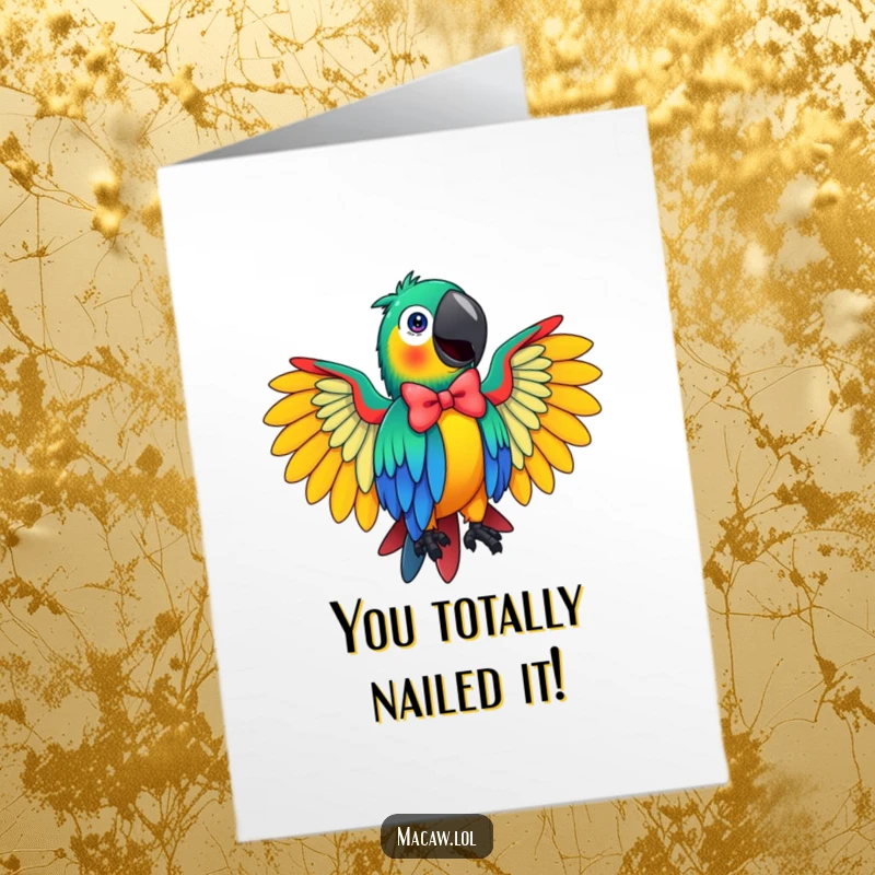 Funny Free Printable Congratulations Card: Macaw with wings spread wide, taking a theatrical and comical bow.