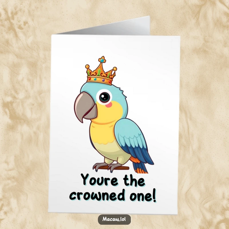 Funny Free Printable Macaw Congrats Card: Proud bird balancing an ornate crown, celebrating a regal achievement.