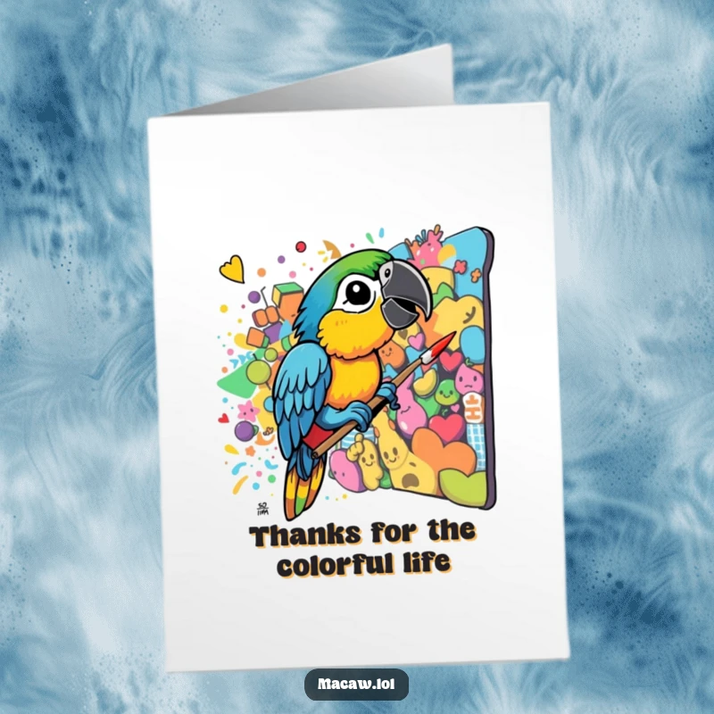 Free Printable Thank You Card: A macaw artistically using its beak to create a vibrant, messy mural, expressing gratitude.