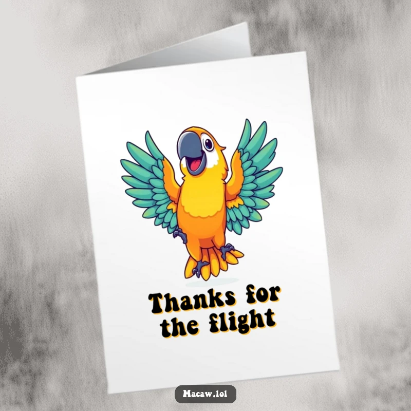Funny Free Printable Thank You Card: Vibrant macaw with a wide grin dances with outstretched wings, a colorful and humorous DIY gift.