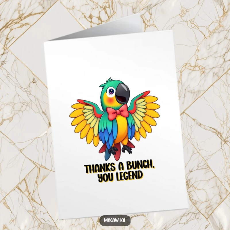 Funny Free Printable Thank You Card: Macaw performing a flamboyant and wide-winged bow to express thanks.