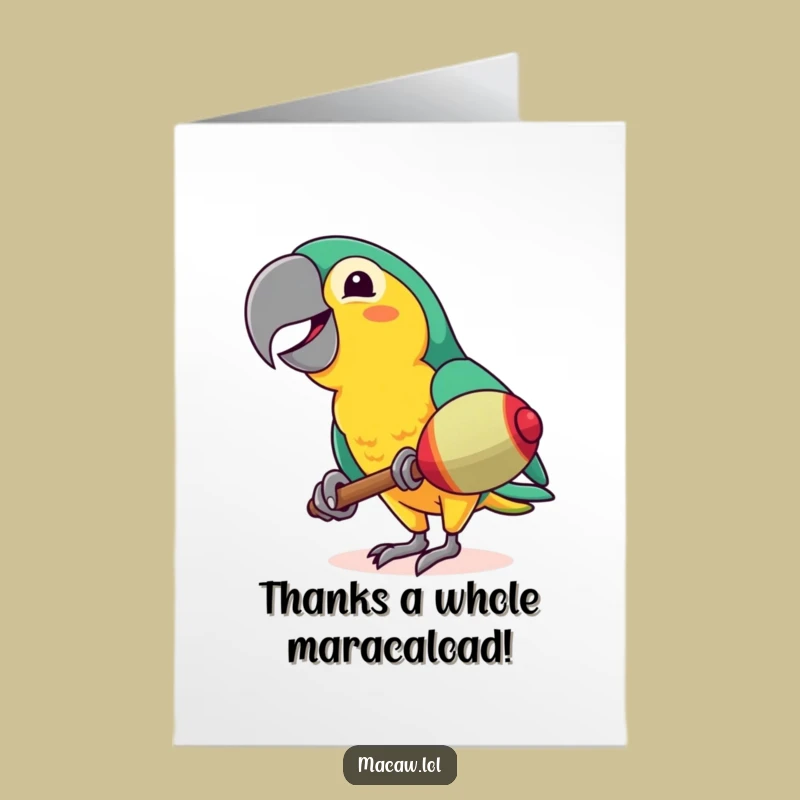 Free Printable Thank You Card: Funky Macaw Maraca Player for a Humorous Downloadable Gift