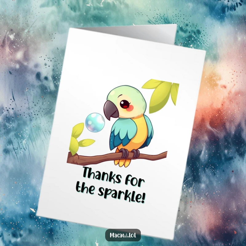 Funny Free Printable Thank You Card: a kawaii macaw bird on a branch intently looking at a shiny object, inspired by gratitude.
