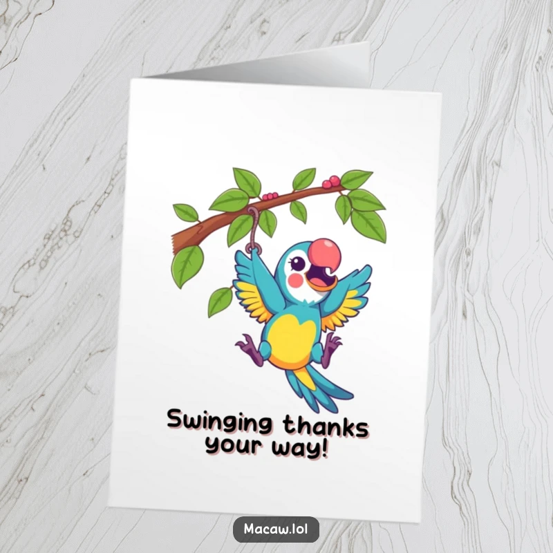 Funny Free Printable Thank You Card: A macaw swings energetically from a vine with a look of pure joy and playful excitement.