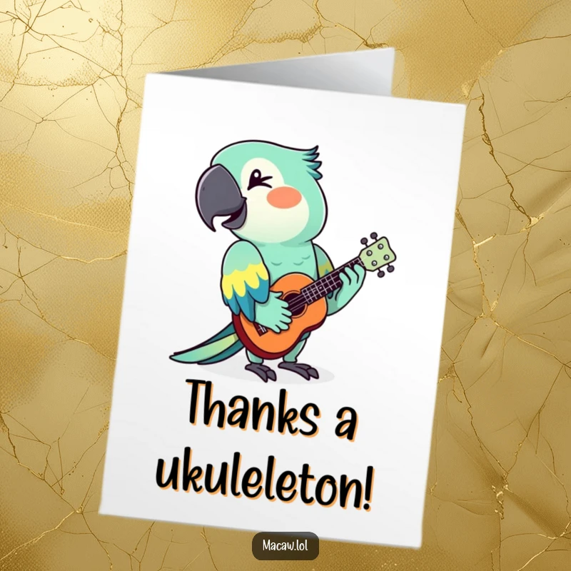 Funny Free Printable Thank You Card: A stylized macaw winks playfully while serenading with a tiny ukulele, sending thanks.