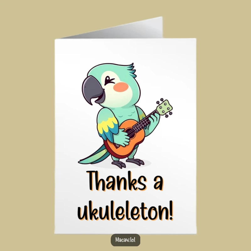 Free Printable Thank You Card: Winking Macaw Ukulele Player for a Humorous Downloadable Gift