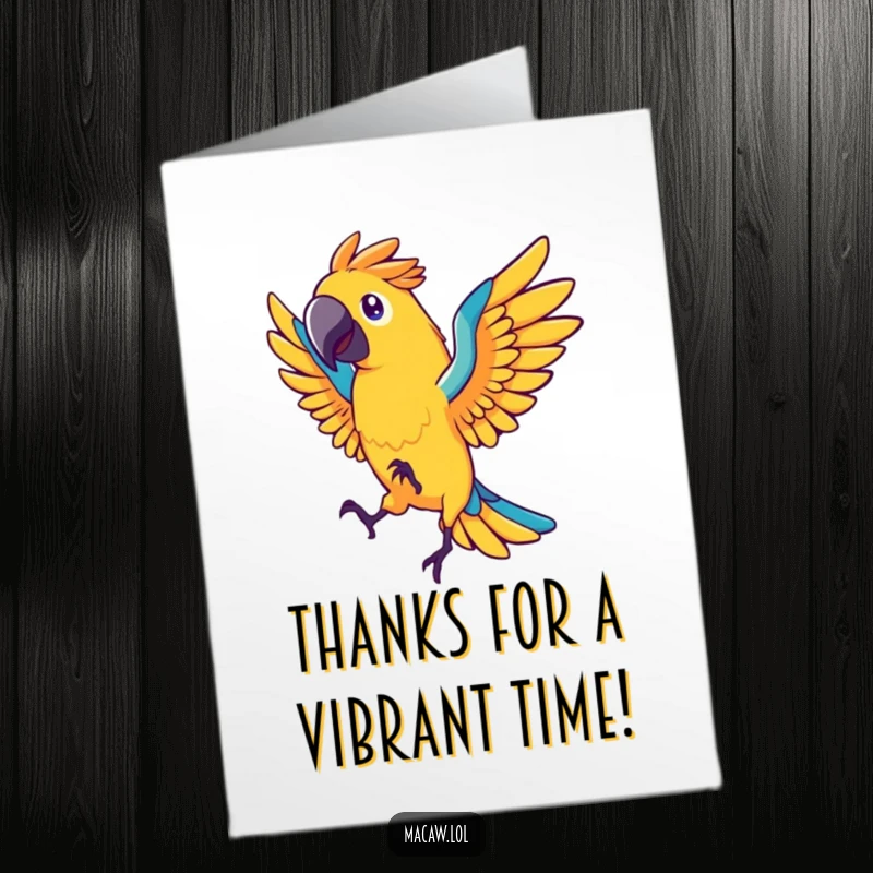 Funny Free Printable Thank You Card: Stylized macaw bird with fanned tail feathers performing a happy dance.