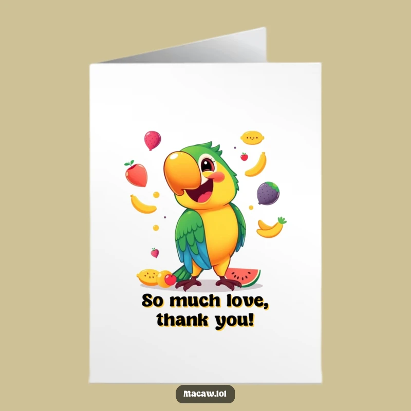 Free Printable Thank You Card: Juggling Macaw, Colorful Downloadable Gratitude