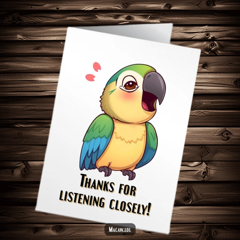 Funny Free Printable Macaw Thank You Card: A curious macaw tilts its head, mimicking a sound to say thank you.