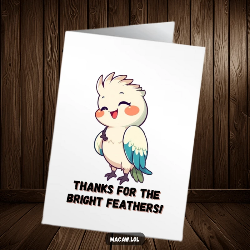 Funny Free Printable Macaw Thank You Card: A happy macaw preens its bright feathers, conveying thanks with a pleased look.