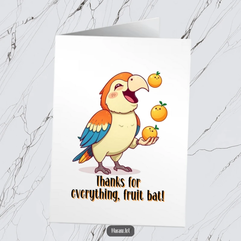 Funny Free Printable Thank You Card: A cute macaw joyfully squawks while juggling three small fruits, expressing thanks.