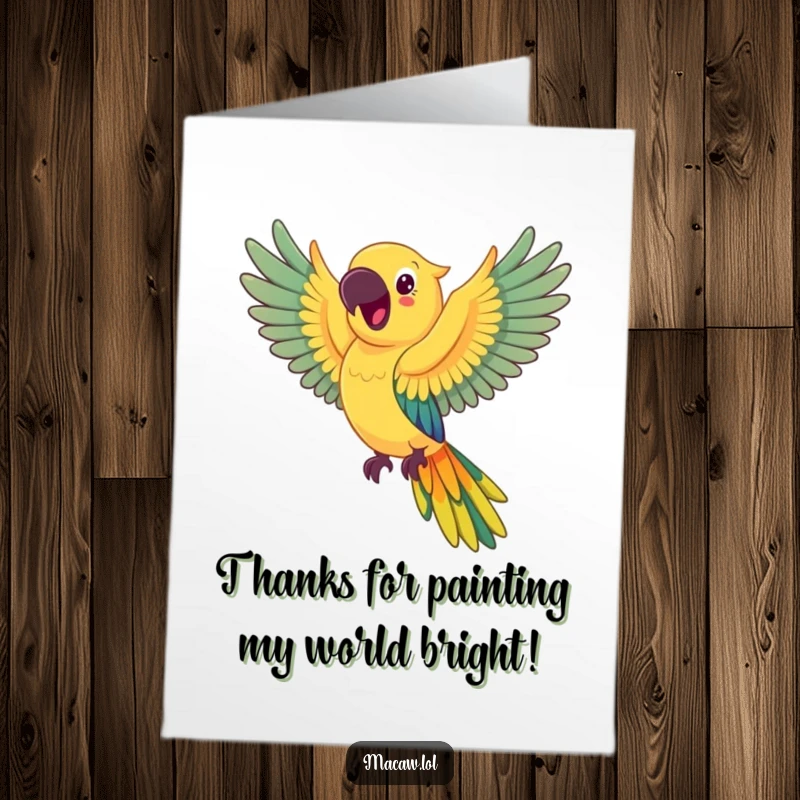 Funny Free Printable Thank You Card: A happy macaw creates a colorful rainbow trail as thanks.