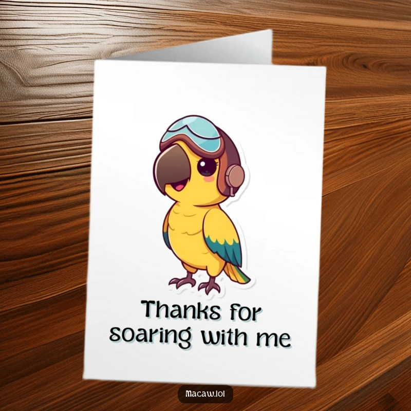 Funny Free Printable Macaw Thank You Card: Adventurous macaw bird wearing an aviator helmet, expressing thanks with a fun, spirited vibe.