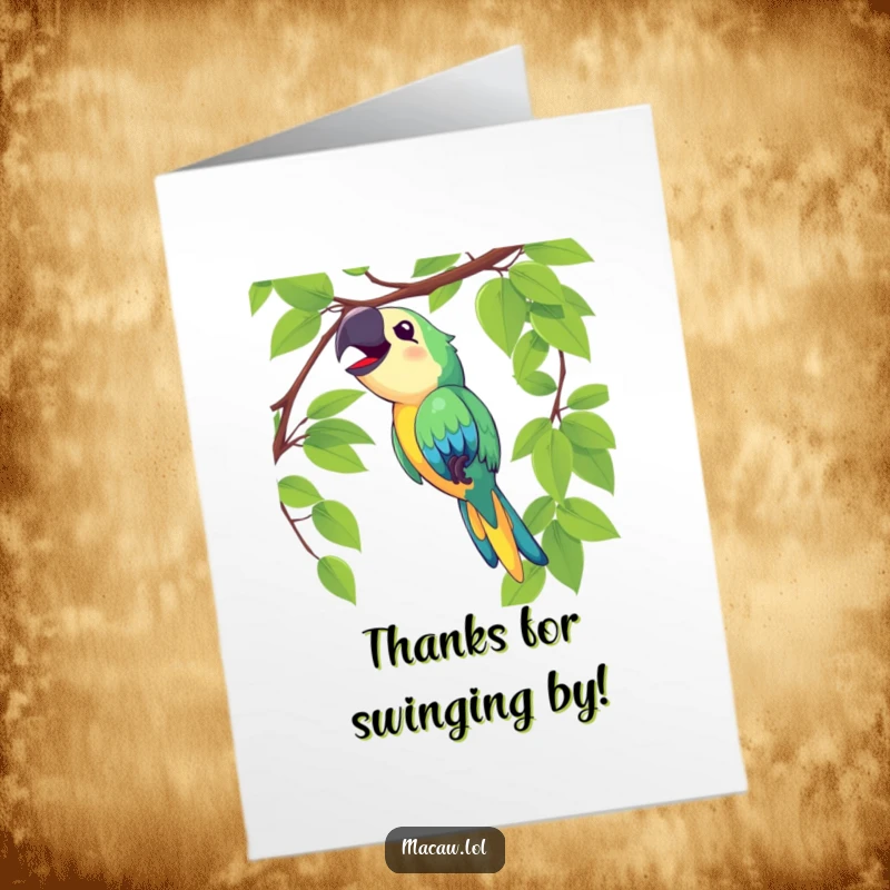 Funny Free Printable macaw thank you card, a delighted bird swinging on a vine and singing loudly, expressing thanks energetically.