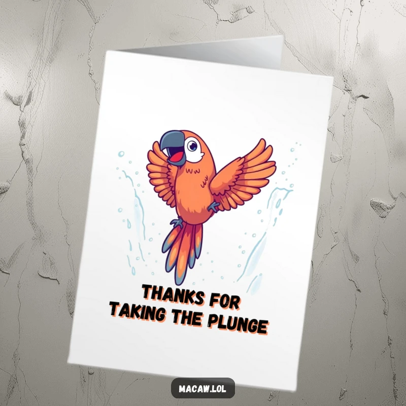 Funny Free Printable Thank You Card: An energetic macaw comically diving with glee through a misty, splashing waterfall.