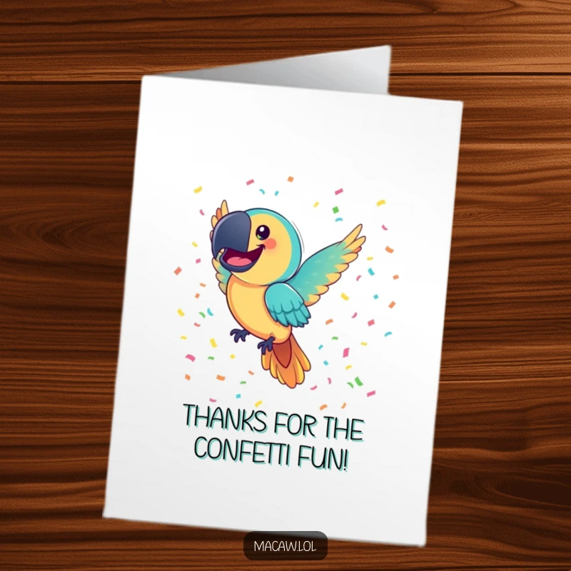 Funny Free Printable Macaw Thank You Card: Joyful bird with a beaming smile flying through colorful confetti.