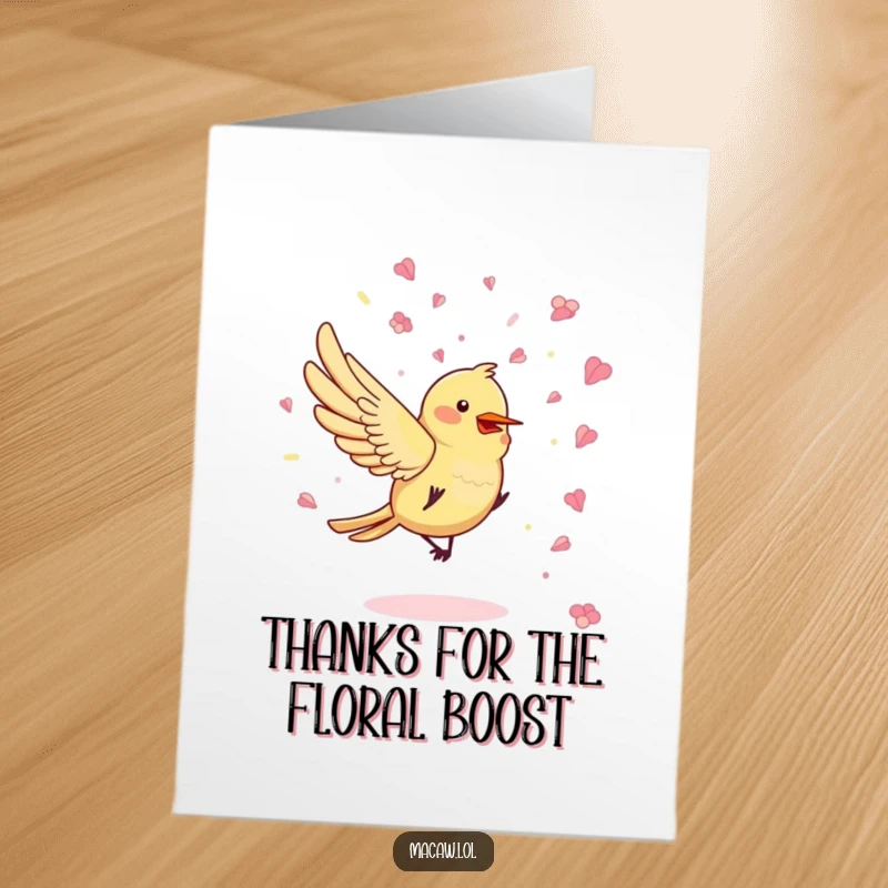 Funny Free Printable Thank You Card: A bird enthusiastically throwing a playful confetti made of delicate flower petals.