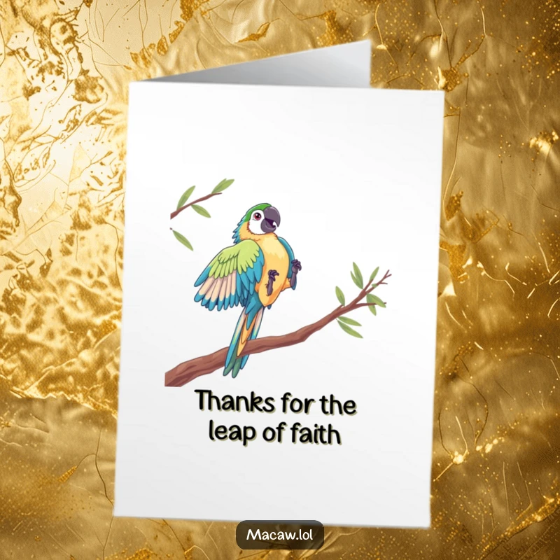 Free Printable Thank You Card: A macaw in mid-air executing a dramatic leap between two perches, conveying thanks.