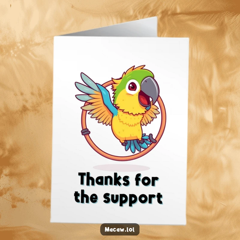 Funny Free Printable Thank You Card: Ruffled Macaw humorously flying through a hoop, a downloadable expression of thanks.