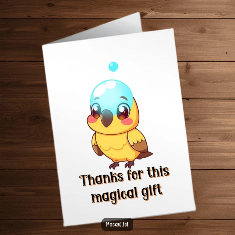 Funny Free Printable Thank You Card: Macaw bird with comically wide eyes gazes at a floating glowing orb, saying thanks.