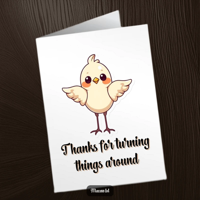 Free Printable Thank You Card: A proud bird maintaining a headstand with wings spread, looking delighted to express thanks.