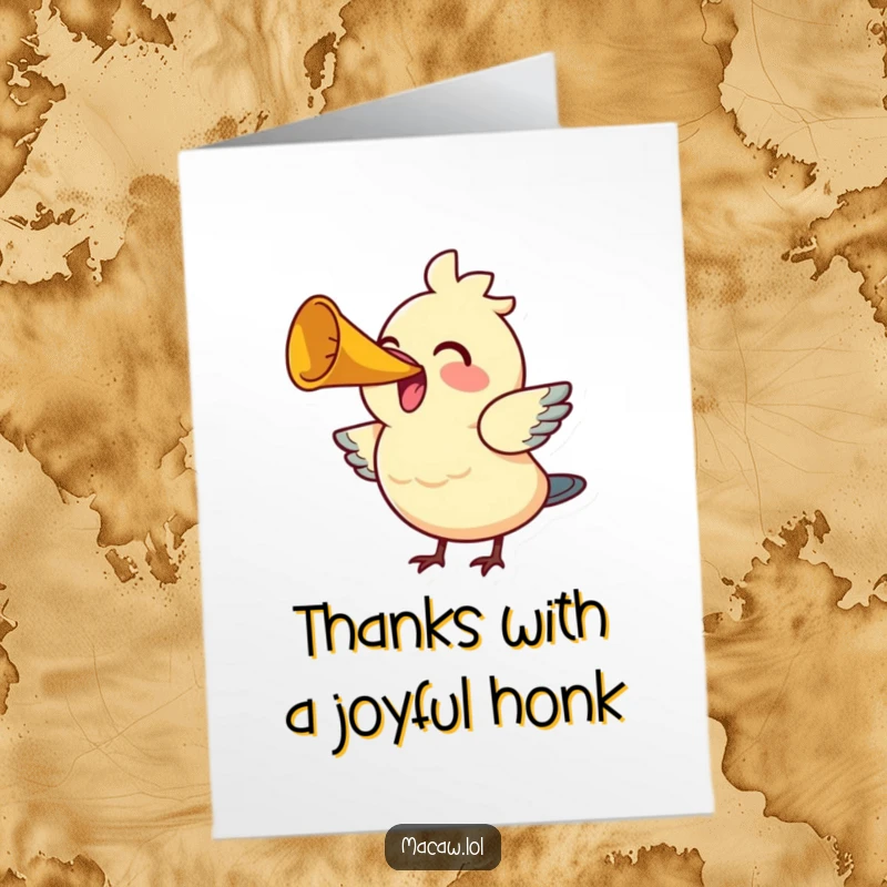 Free Printable Thank You Card: A bird honking a small horn with great enthusiasm and a look of pure happiness.