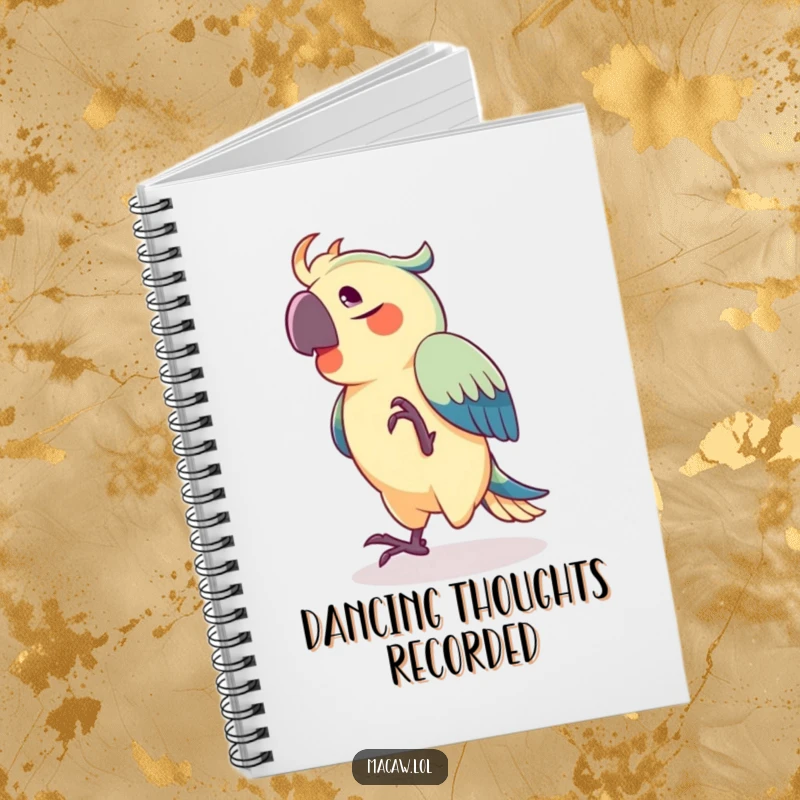 Funny notebook with a joyful macaw dancing and tapping its foot, ideal for jotting down creative ideas and thoughts.