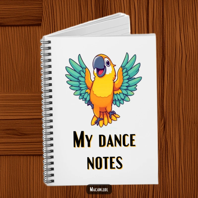 Notebook cover featuring a vibrant macaw with a wide grin dancing with outstretched wings, ideal for note-taking.