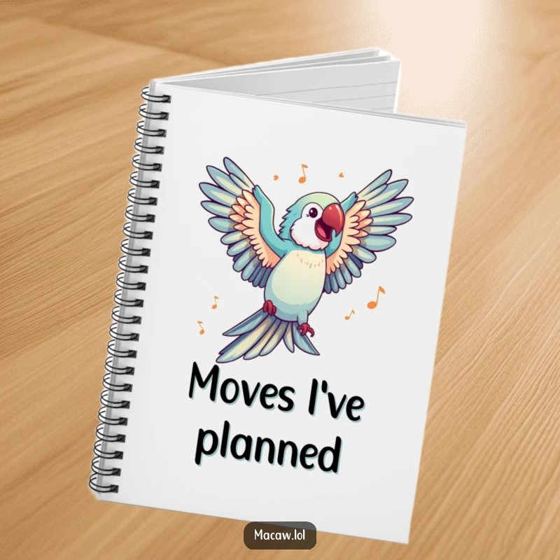 Funny Notebook featuring a happy macaw with wings spread wide, dancing to imaginary music, perfect for notes and doodles.