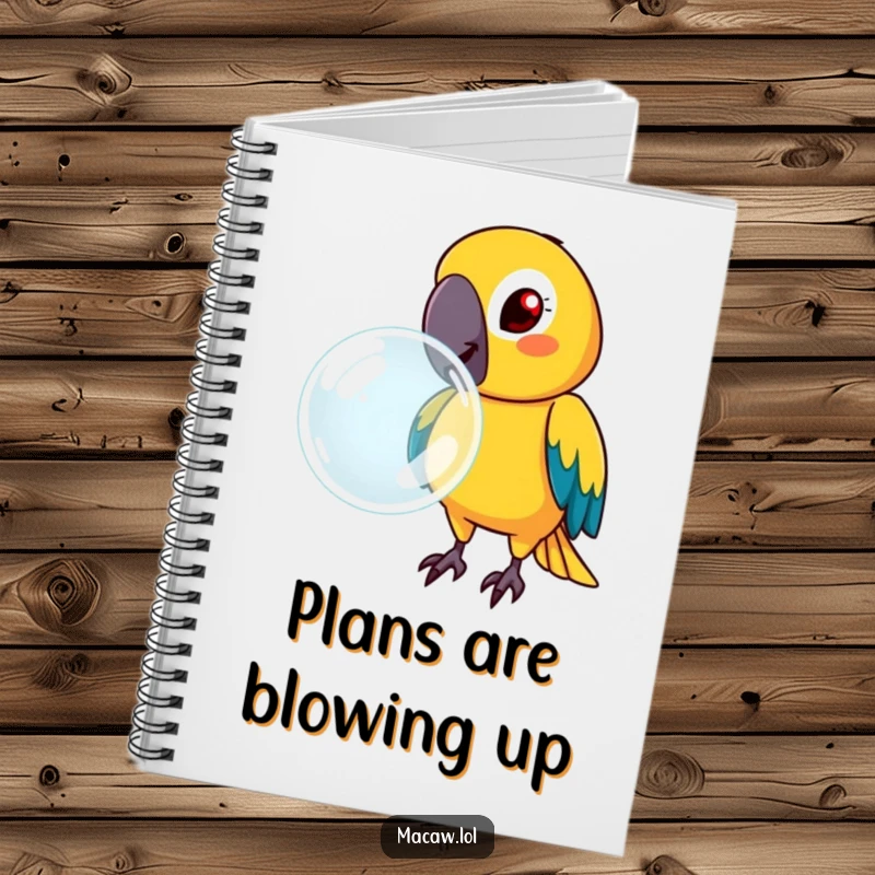 Funny macaw with a determined face, blowing a large bubble, on a notebook, perfect for focused note-taking humorously.